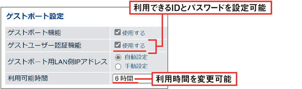 図10 詳細な設定画面を開くと、利用できるIDとパスワードを設定することもできる。利用時間の変更も可能だ［注］