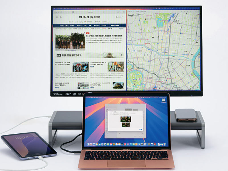 ディスプレー台に端子12個のドッキングステーション、USB Type-Cでつなぐだけ