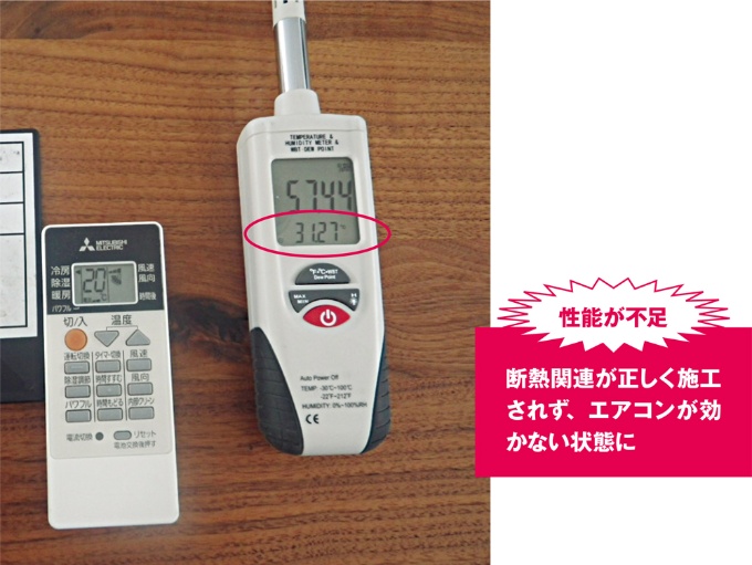 約45畳のLDKに3台のエアコンを設置。設定温度を20℃にして運転しても、室温が31℃を下回らなかった(写真:カノム)