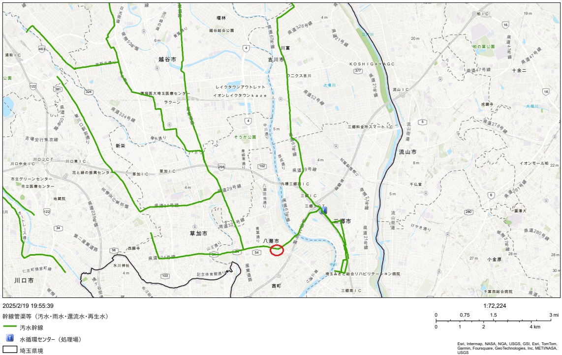 中川流域下水道の路線図。赤丸で囲んだ箇所が現場付近（出所：埼玉県）