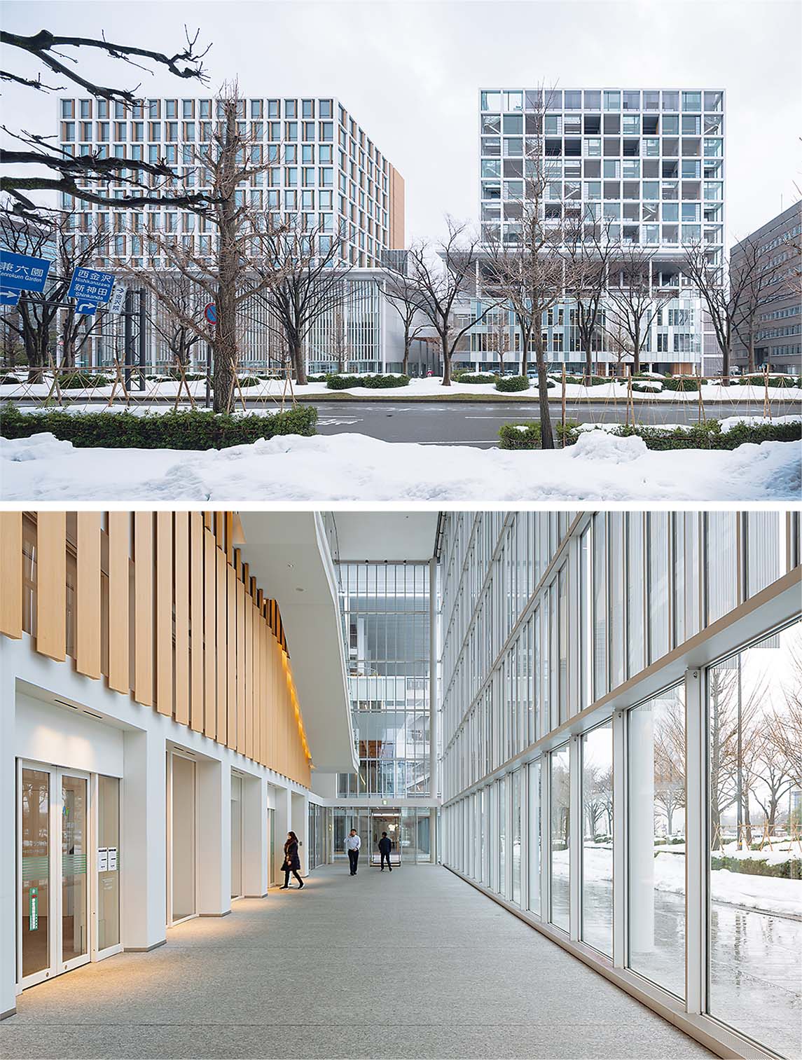 上の写真は、けやき大通りから見た2つのビル。左手に立つのが北國銀行本店ビル。連続して立つため、統一感のあるファサードとした。下の写真は、Hirooka Terraceへ続く本店ビル1階のエントランスホール（写真：浅田 美浩）