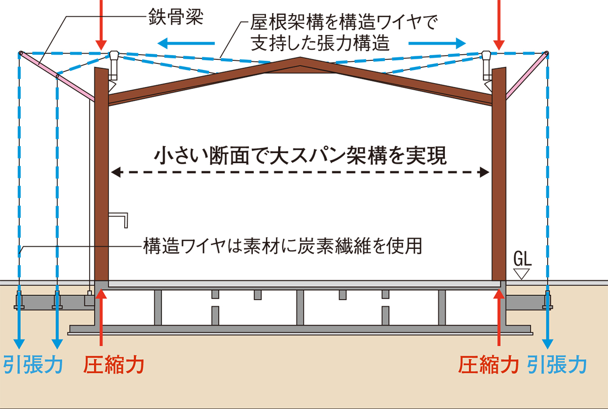 NTT Pavilionの構造概念図。鉄骨の屋根架構を炭素繊維ワイヤで支持している（出所：NTTファシリティーズ）