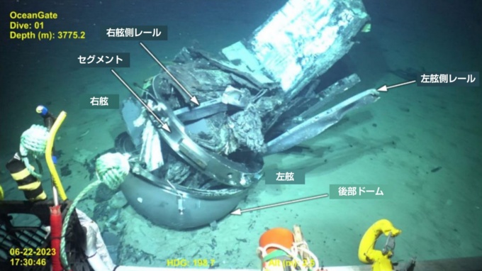海底で発見したタイタン号の残骸(出所:NTSBの資料を基に日経クロステックが編集)
