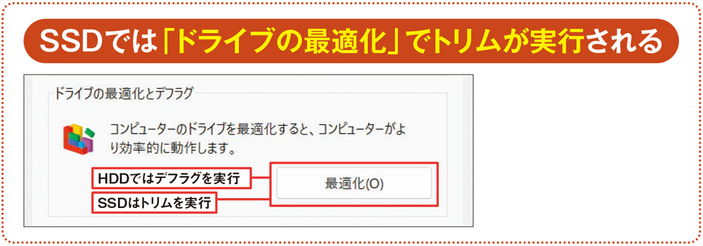 SSDの「ドライブの最適化」はHDDと異なる、デフラグではなくトリムを