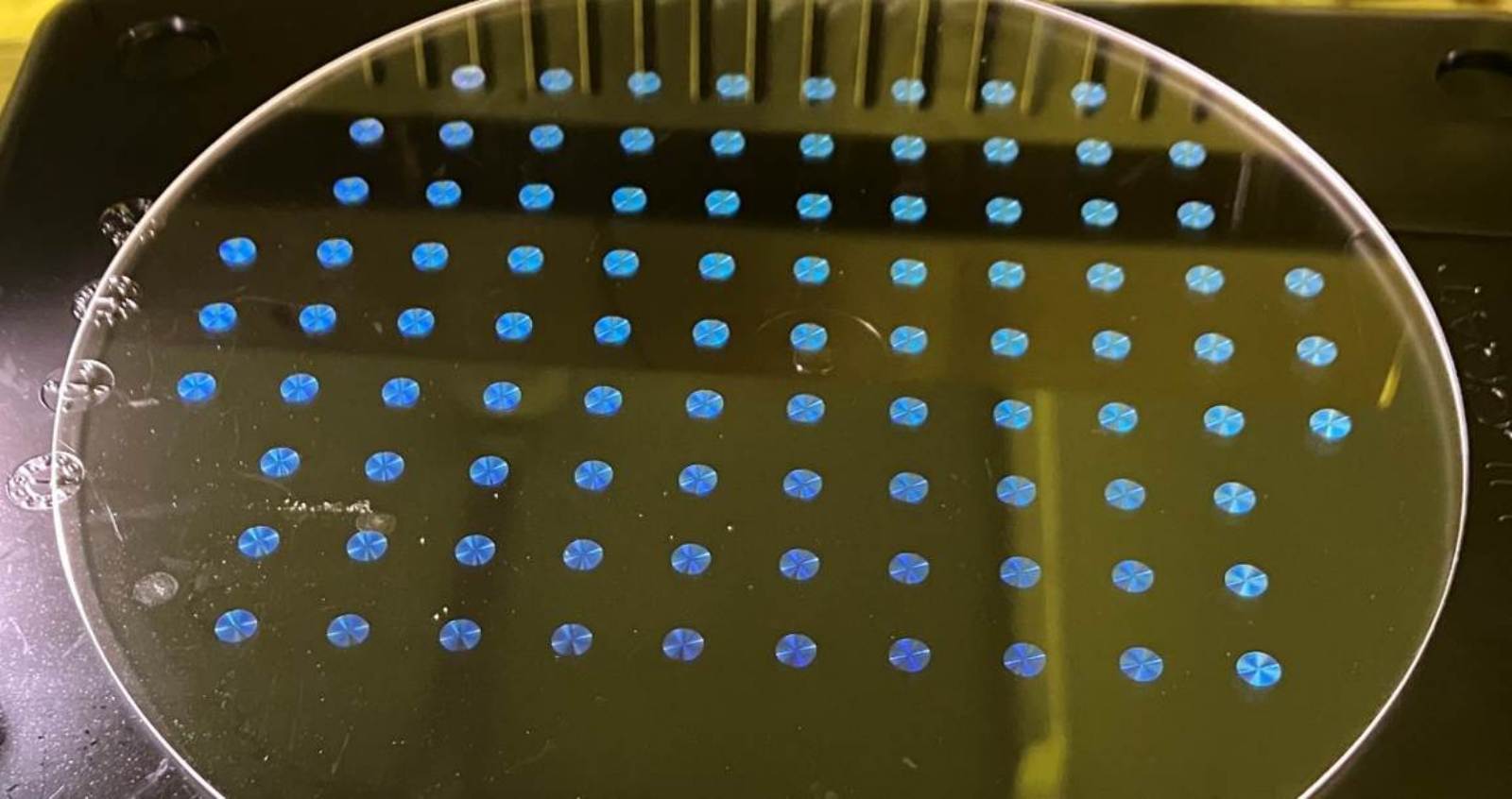 図1　AGCは青色メタレンズを製造できる技術を開発した。厚さは0.1mmと薄い（出所：AGC）