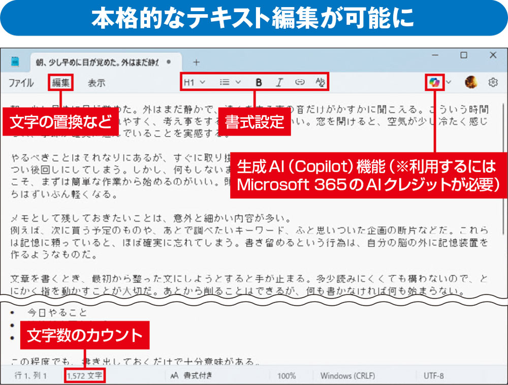 図1　「メモ帳」はシンプルに見えて機能は満載。置換や書式設定などに加え、「Copilot」による生成AI機能も備える