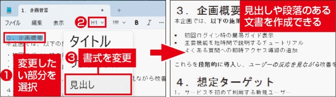 図3 範囲を選択し、ツールバーで指定する。メモ帳でも、文字の大きさや段落に変化のある文書が作成できる