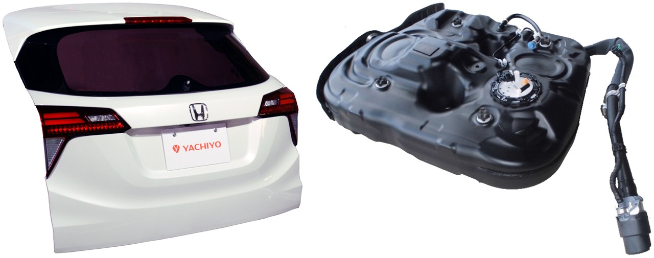 ヤチヨが開発を進める樹脂製のバックドア（左）と、主力製品の燃料タンク（写真：マザーサンヤチヨ・オートモーティブシステムズ）