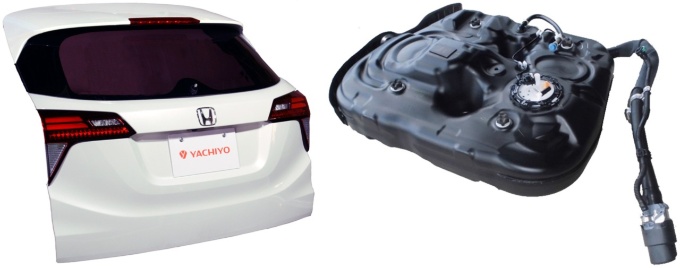 ヤチヨが開発を進める樹脂製のバックドア(左)と、主力製品の燃料タンク(写真:マザーサンヤチヨ・オートモーティブシステムズ)