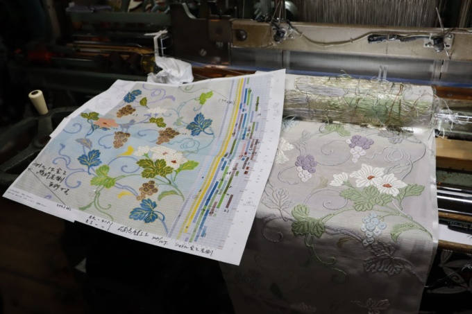 紋意匠図(左)と、これを基に織った西陣織の帯(右)