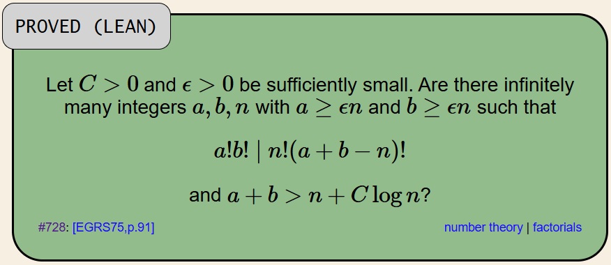 エルデシュ問題728番の問題文。十分小さい定数 C>0、ε>0 に対し、条件を満たす整数（a、b、n）が無限に存在するかを問う。専門外だと、問題文だけを見ても内容をつかむのは難しい