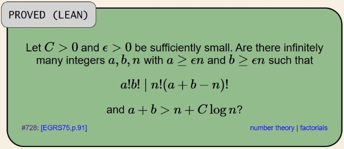 エルデシュ問題728番の問題文。十分小さい定数 C>0、ε>0 に対し、条件を満たす整数(a、b、n)が無限に存在するかを問う。専門外だと、問題文だけを見ても内容をつかむのは難しい