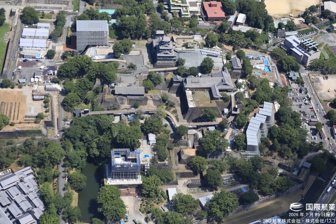 2026年7月29日に空撮した熊本市中央区の熊本城の中心部。写真左下が「飯田丸」というエリア(写真:国際航業・パスコ)