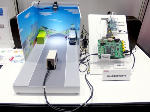 「組込み型画像音声連携システム」を模型で模擬。右下は、画像認識ミドルウエアを実装した「Visconti」が載った評価ボード。音声処理ソフトウエアはその上のサードパーティー製評価ボードで稼働。日経 xTECHが撮影
