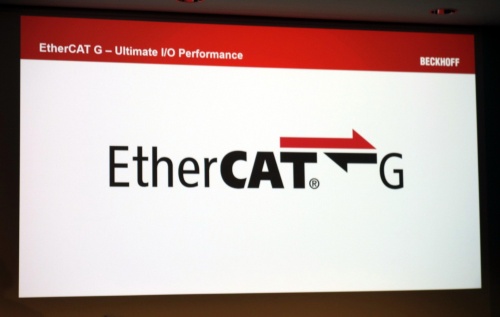 プレスカンファレンスで発表した「EtherCAT G」のロゴ