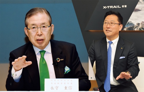 2020年1月の決算会見で語る日本電産会長の永守重信氏（左）、日産時代の関潤氏（右）。（撮影：日経Automotive）