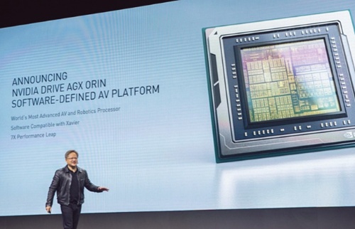 図　NVIDIA DRIVE AGX Orinを発表する、Founder and CEOのJensen Huang氏