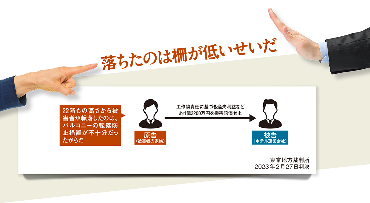 大阪市に立つ地上30階建てのホテルで、22階から宿泊客が地面に転落した。被害者は早朝、避難に使うバルコニーに出て、そこから落ちたらしい。バルコニーには柵があったが、高さ72cmしかなく、建築基準法違反の有無が争点となった（関連記事：日経アーキテクチュア2023年3月23日号ニュースクローズアップ「転落死を巡りアパホテル敗訴」）