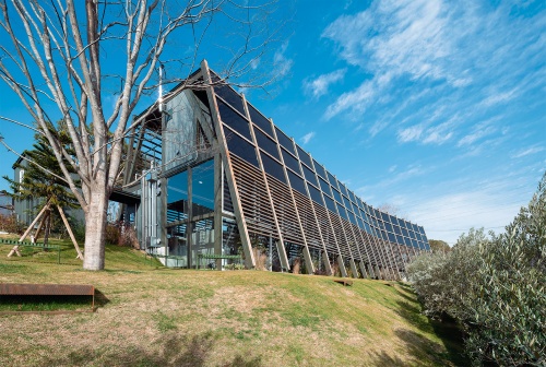 東方向に傾斜する崖の際に、南北に細長い2階建ての木造オフィスを建てた。遮るものがない高台に位置するため、日当たりは抜群だ。外壁の木製ルーバーで日射制御しつつ、太陽光発電で電力を賄う(写真:浅田 美浩)