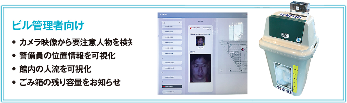 左の写真は要注意人物を検知した様子。右はセンサーを取り付けたごみ箱。残り容量を把握して回収作業を効率化する（写真：日経アーキテクチュア、資料：東急不動産）