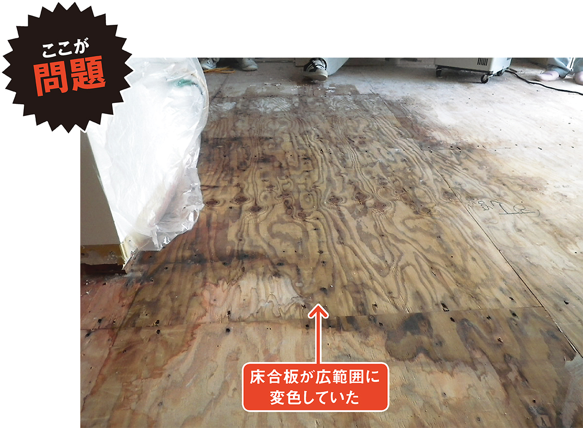 1階の床合板が雨でぬれて広範囲に変色していた現場。1階床を先行して施工し、棟上げ前に降った雨がビニール養生から入り込んだ。一般に、建て主は「木材はぬらしたらダメだ」と思い込んでいることが多く、軽微なぬれでも問題があるように感じる（写真：カノム）