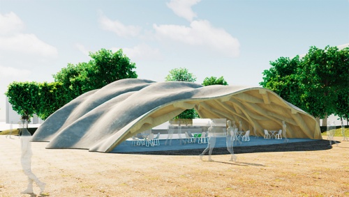 〔写真1〕「学ぶ、学び舎」の完成イメージ。波打つ形状の大屋根の下は、必要に応じて利用者自らが家具などをつくる計画。2022年に完成予定だ（資料：VUILD）