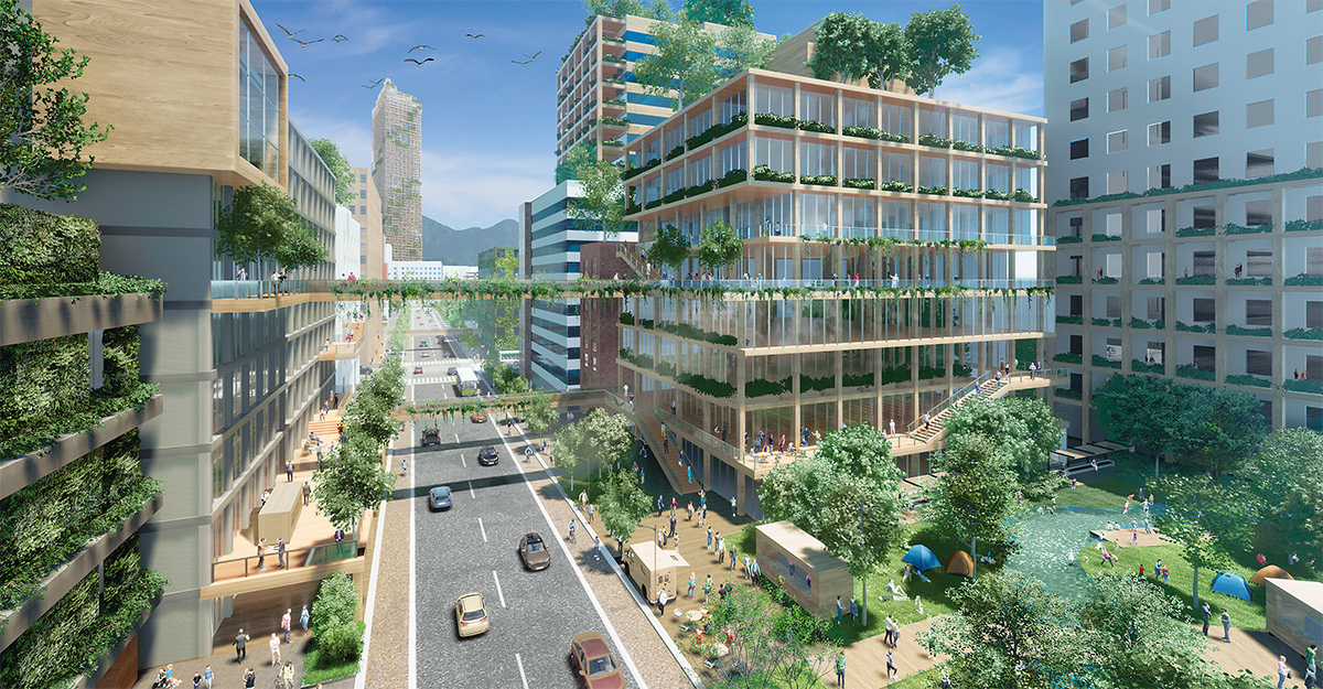 住友林業は2018年に「W350計画」の構想をまとめ、高層木造建築が普及した都市のイメージを提示した（資料：住友林業）