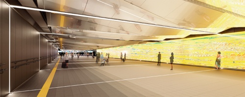 大阪・関西万博や、夢洲に誘致を目指すIR（統合型リゾート）といった国際観光拠点の玄関口になる新駅。アルミを折り曲げてつくる「折り紙天井」が特徴。この天井に利用者の姿や、サイネージの映像などが映り込む。演出照明を設けるなど、柔軟に活用できる駅にする計画だ