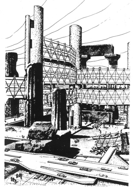 孵化過程（1962年）。磯崎が提案する「ジョイント・コア・システム」とギリシャの廃虚のモンタージュ。「廃虚は、われわれの都市の未来の姿であり、未来都市は廃虚そのものである」（資料：Estate of Arata Isozaki）