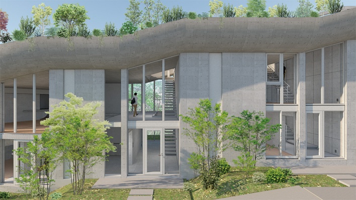 3Dプリンター型枠で50m大屋根、森の中にうねる湾曲スラブが出現