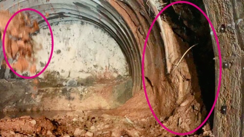 写真1■ 高松トンネルで発生した土砂崩落の状況。土砂が上部や側面から流入している（写真：中日本高速道路会社）