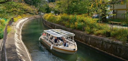 びわ湖疏水船は2隻で京都市が保有する。操船者2人（1人はガイド兼）と乗客12人が定員。諸羽トンネルを抜けると、地域の人が育てるコスモスが迎える（写真：生田 将人）