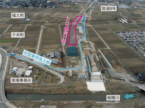 資料1■ 竣工時の現場。金沢市千木町から福久町にかけて、延長230mの範囲で地盤改良した（写真：真柄建設）