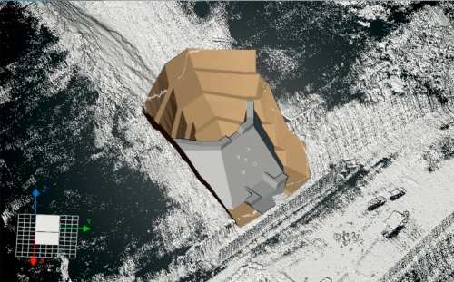 資料3■ 砂防堰堤の3D設計イメージ。無人バックホーのマシンガイダンスシステムに利用した（資料：旭建設）