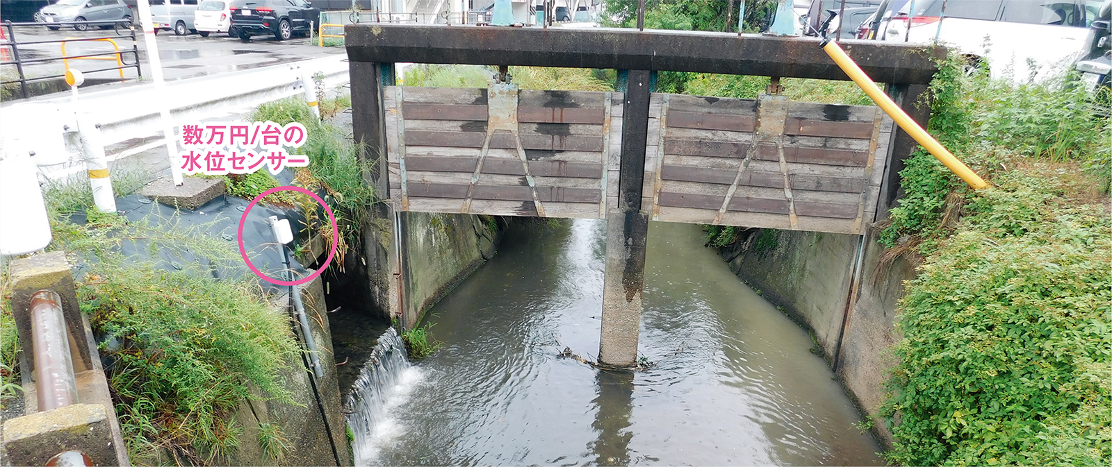 写真1■ 益田市内の6カ所の水門に設置した水位センサー。データ通信には、消費電力が少ないLPWAと呼ぶ方式を採用した（写真：MCSCC）
