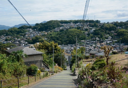 写真1■ 北九州市八幡東区にある20%超の斜度を持つ通称「ゾンコラン坂」の中腹から見た景色。坂周辺や向こう側に見える宅地などは、市街化調整区域への編入候補地だ(写真:日経コンストラクション)