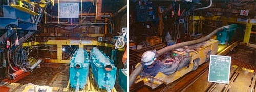 資料4■ 左の写真は、発進たて坑内。右下の緑色の容器が土砂スキップ。右の写真は、バッテリー機関車（黄色い車両）を使い、土砂スキップを坑内へ搬送する様子（写真：大阪広域水道企業団）