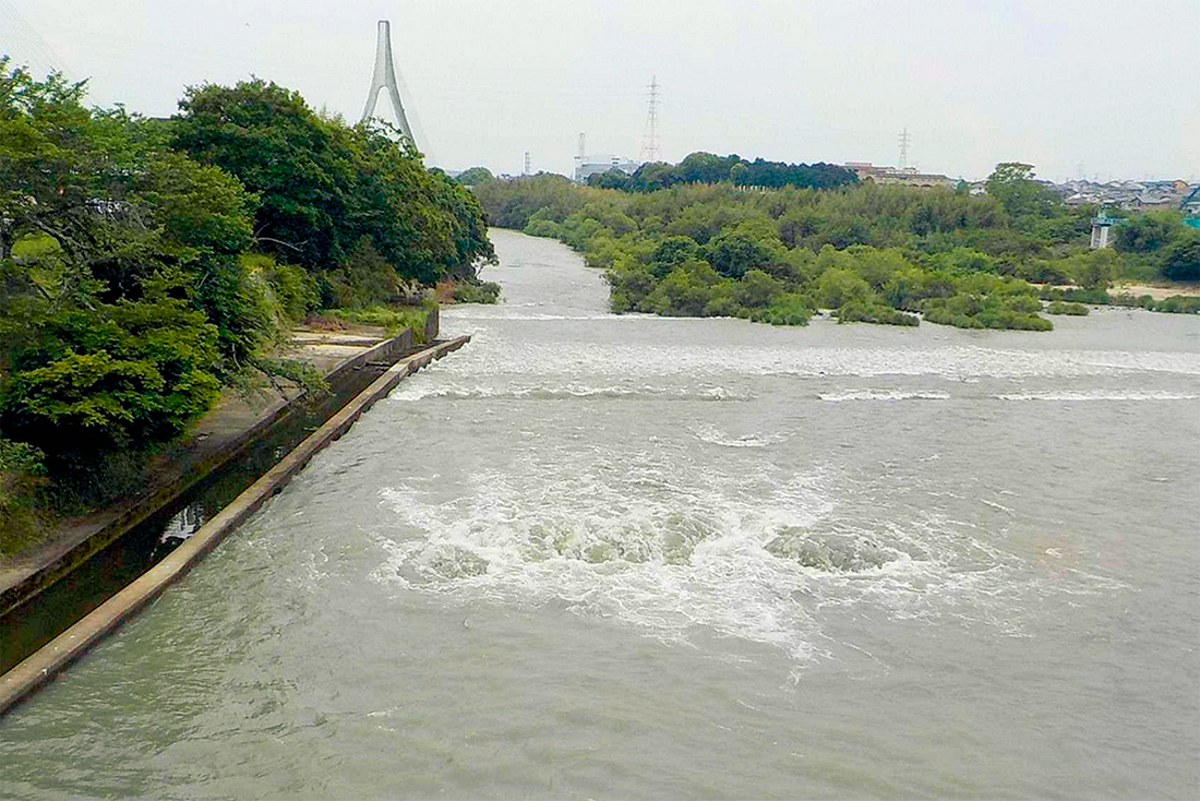 資料2■ 2022年5月17日午前9時30分ごろの左岸下流側の様子。河床から水が噴き出している（写真：農林水産省）