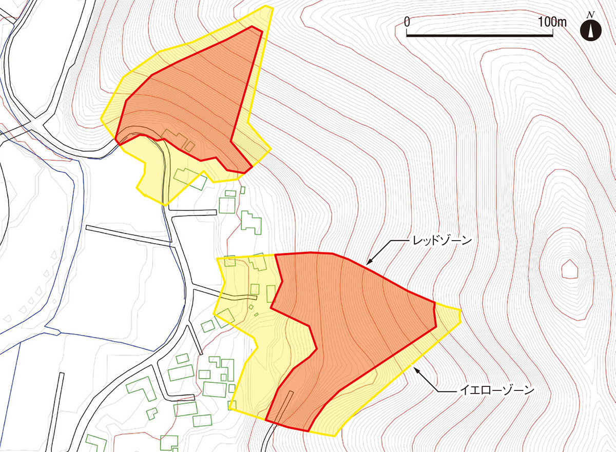 資料1■ レッドゾーン・イエローゾーンの指定された斜面がある地域（出所：国土地理院の電子地形図25000分の1を稲垣秀輝が加工・追記して作成）