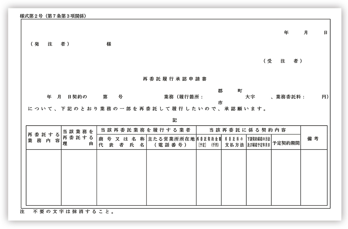 資料1■ 愛媛県の再委託履行承認申請書。業務を他社に再委託する際には、軽微な部分を除き、発注者の承諾が必要だ（出所：愛媛県）