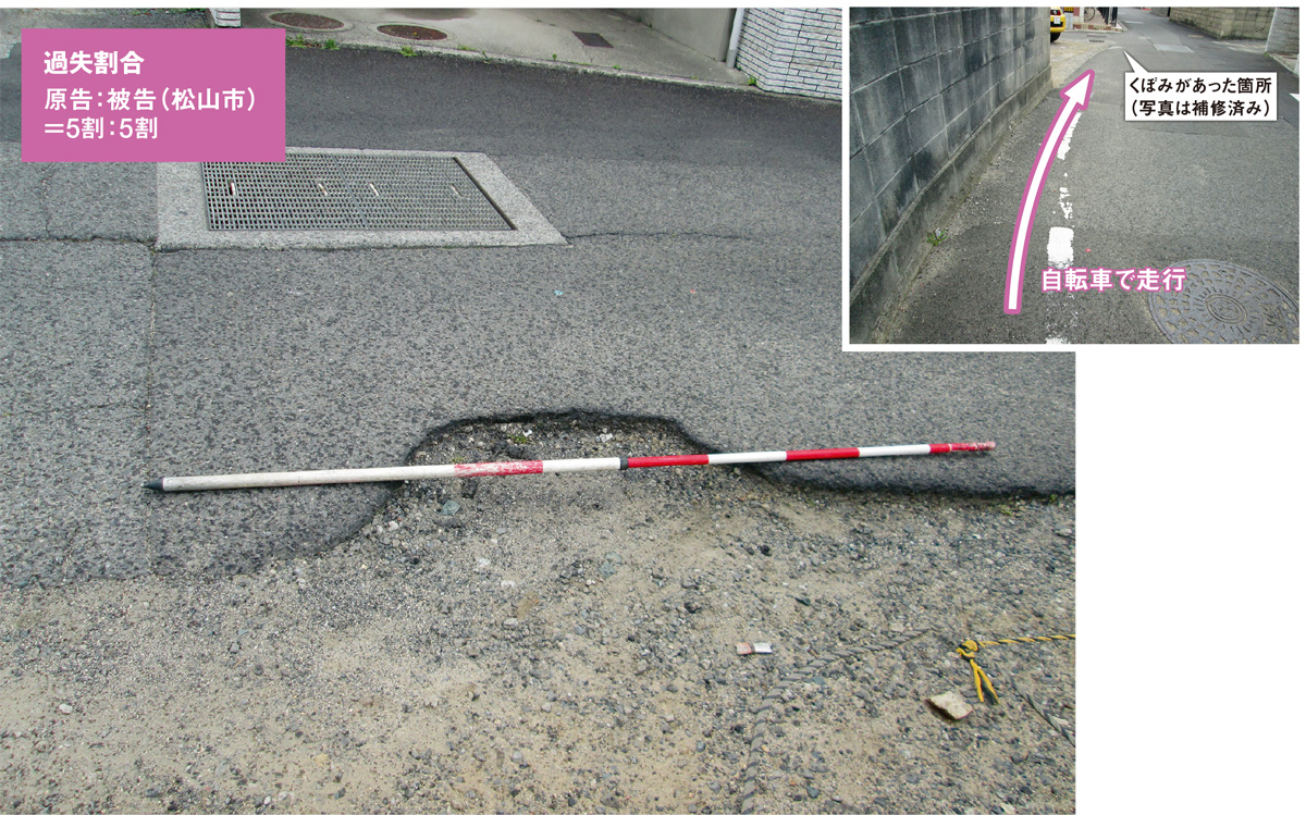 資料1■ 自転車の転倒事故があった松山市の市道。舗装の一部が剥がれ、くぼみができていた（写真：松山市）