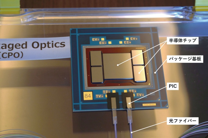 図2 新光電気工業が試作したCPOのモックアップ。光ファイバーとPICの接続には高度な位置合わせ技術が求められる(写真:日経クロステック)