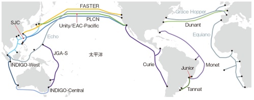 図1　米Googleが出資する主な海底ケーブル