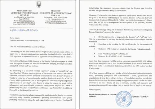 図1　ウクライナ副首相兼デジタル改革大臣のミハエル・フェドロフ氏がICANNに送った文書