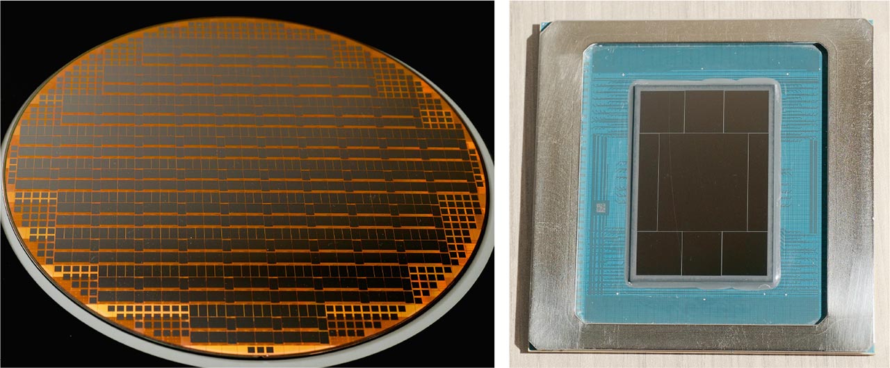 富士通のAIサーバー向けCPU「MONAKA」は中核となるチップをTSMCの2nm世代技術で製造し（左）、複数の半導体チップを組み合わせるチップレット技術（右）で構成する（写真：加藤 康）