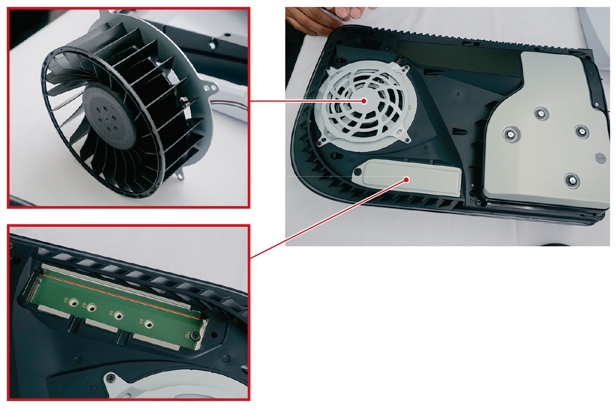 図3　掃除用の穴や外付けSSD用スロットなどに誰でもアクセス可能 外装の白いカバーを外した様子。直径120mmの冷却ファンが目立つ。カバーはネジなどを使わずに外せて、その下にはユーザーが外付けSSDを取り付けるためのスロットや、エアフローでたまったほこりを吸い出す「ダストキャッチャー」用の穴などがある。（写真：加藤康）