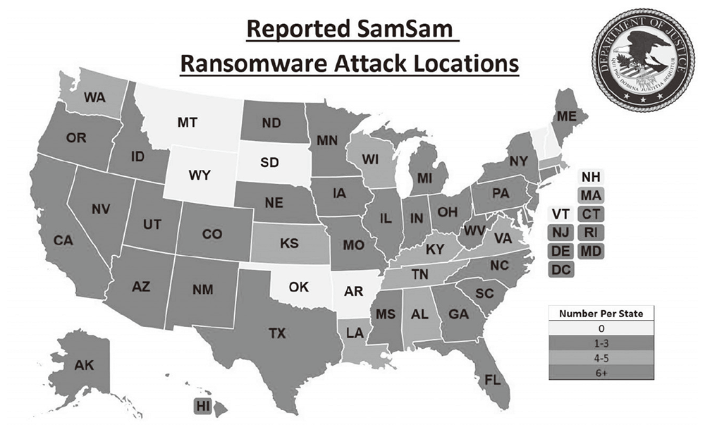 図2●米司法省が公開した米国内のSamSamによる被害分布
