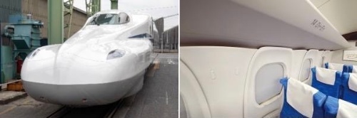 図1:東海道新幹線の新形式車両「N700S」の外観(左)とリサイクルAl合金材を採用した荷棚・荷棚下パネル(右)
