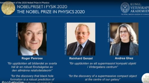 2020年ノーベル物理学賞の受賞者。左からRoger Penrose氏、Reinhard Genzel氏、Andrea Ghez氏