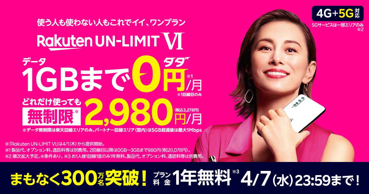 楽天モバイルが1年無料特典の受け付けを2021年4月7日終了、300万件加入 